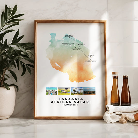 Tanzania African Safari Personalised Travel Map Print with Photo Collage