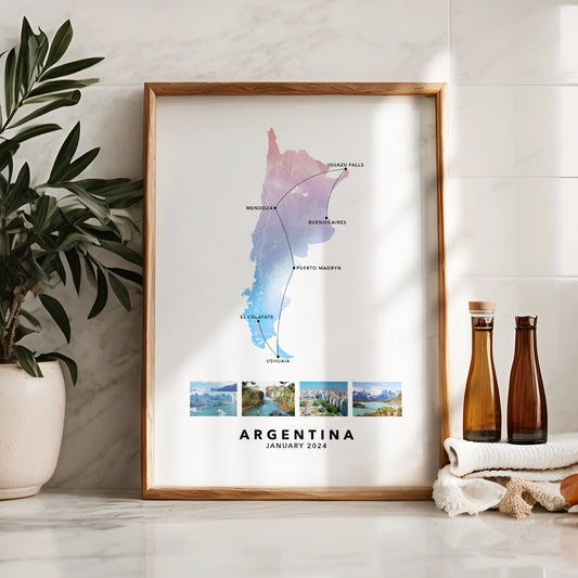 Argentina Personalised Travel Map Print with Photo Collage