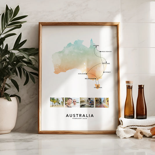Australia Personalised Travel Map Print with Photo Collage