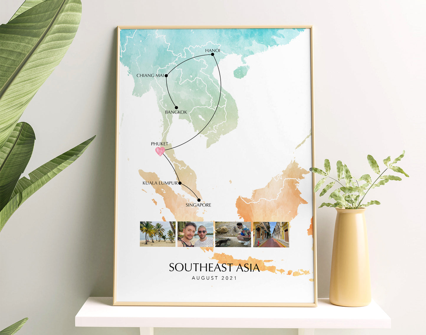 South East Asia Personalised Travel Map Print with Photo Collage
