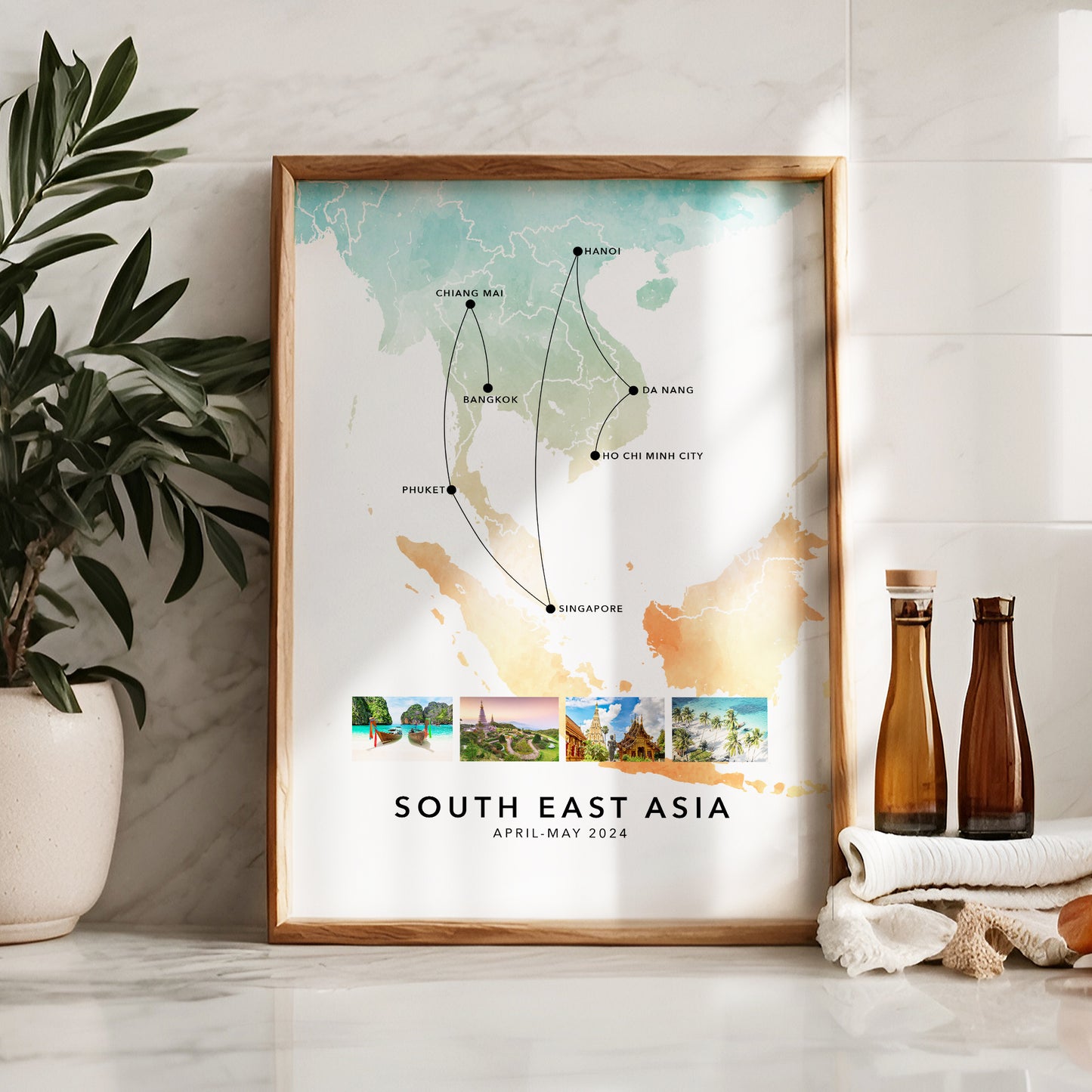 South East Asia Personalised Travel Map Print with Photo Collage