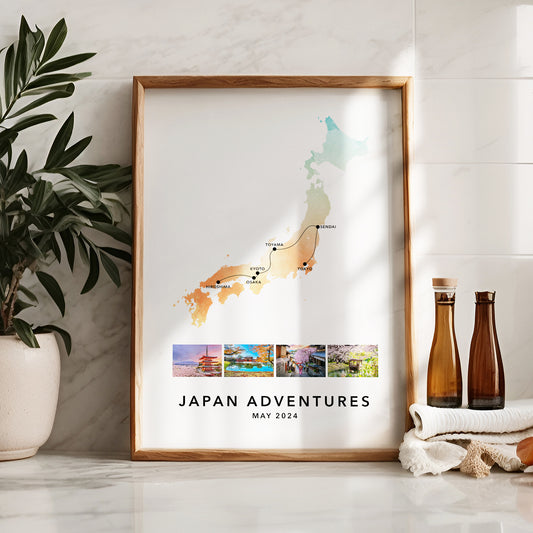 Japan Personalised Travel Map Print with Photo Collage