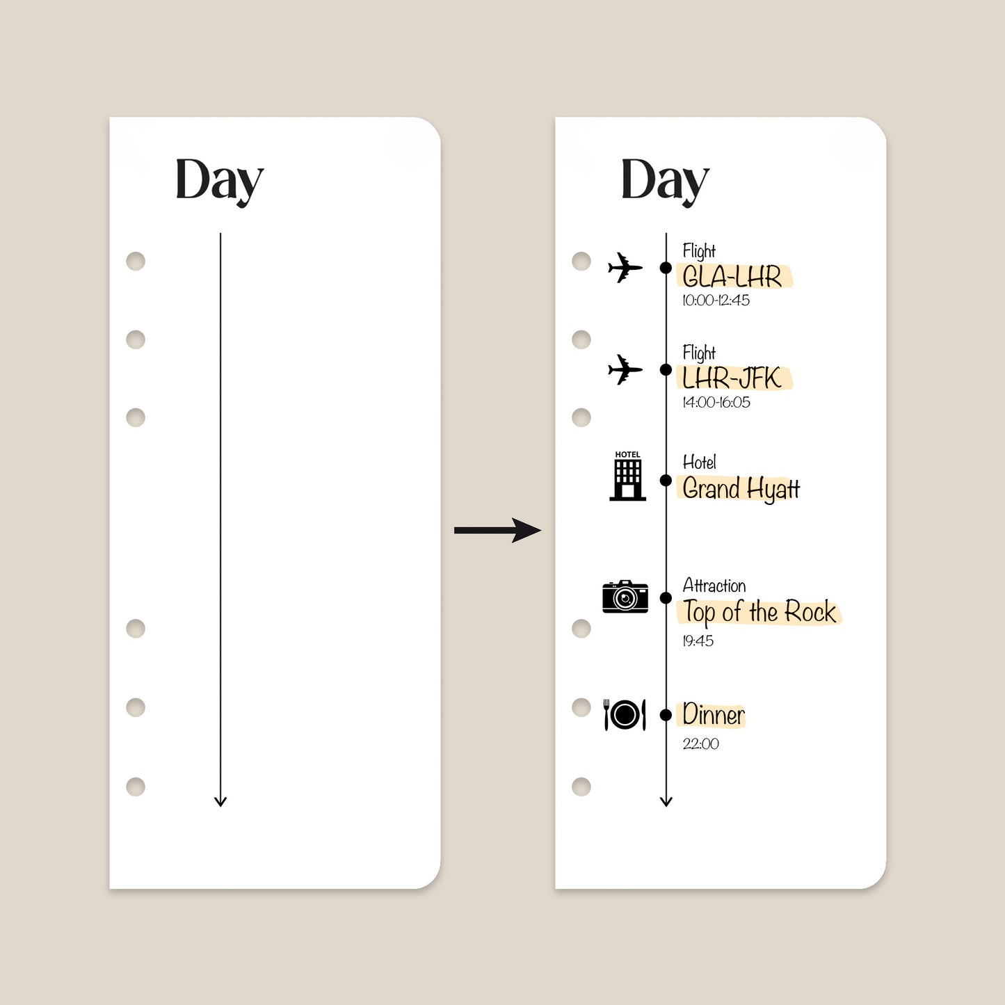Daily Itinerary Cards - Travel Journal Binder Insert