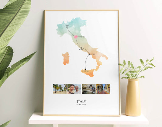 Italy Personalised Travel Map Print with Photo Collage