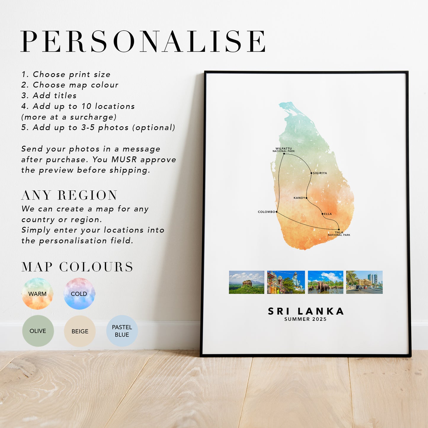 Sri Lanka Personalised Travel Map Print with Photo Collage