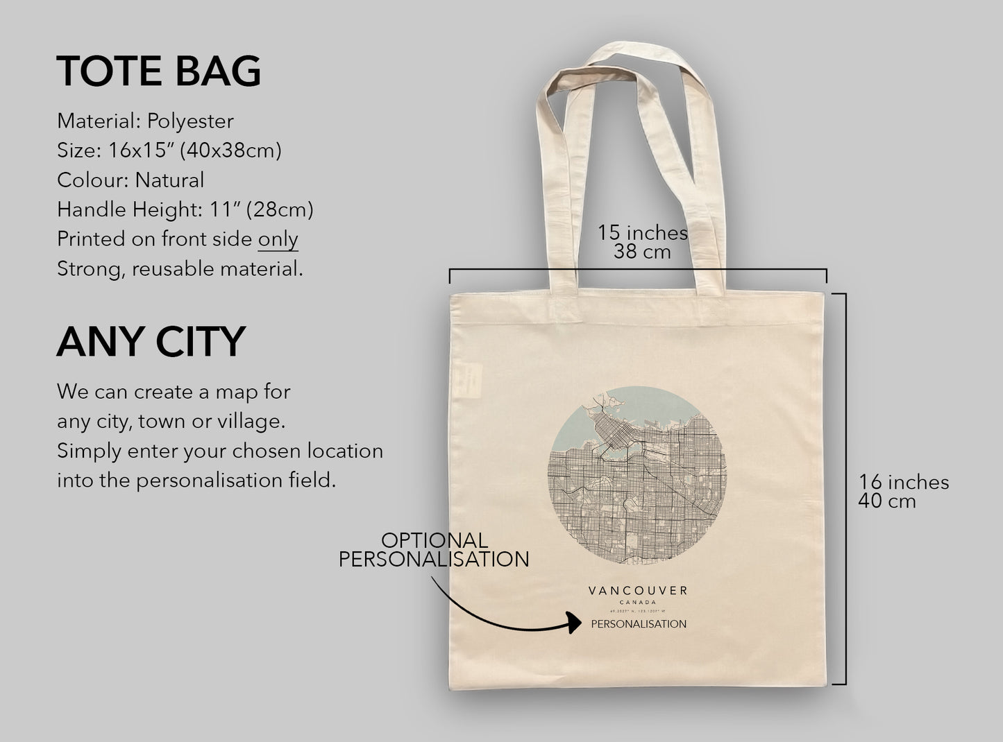 Vancouver Personalised City Map Tote Bag