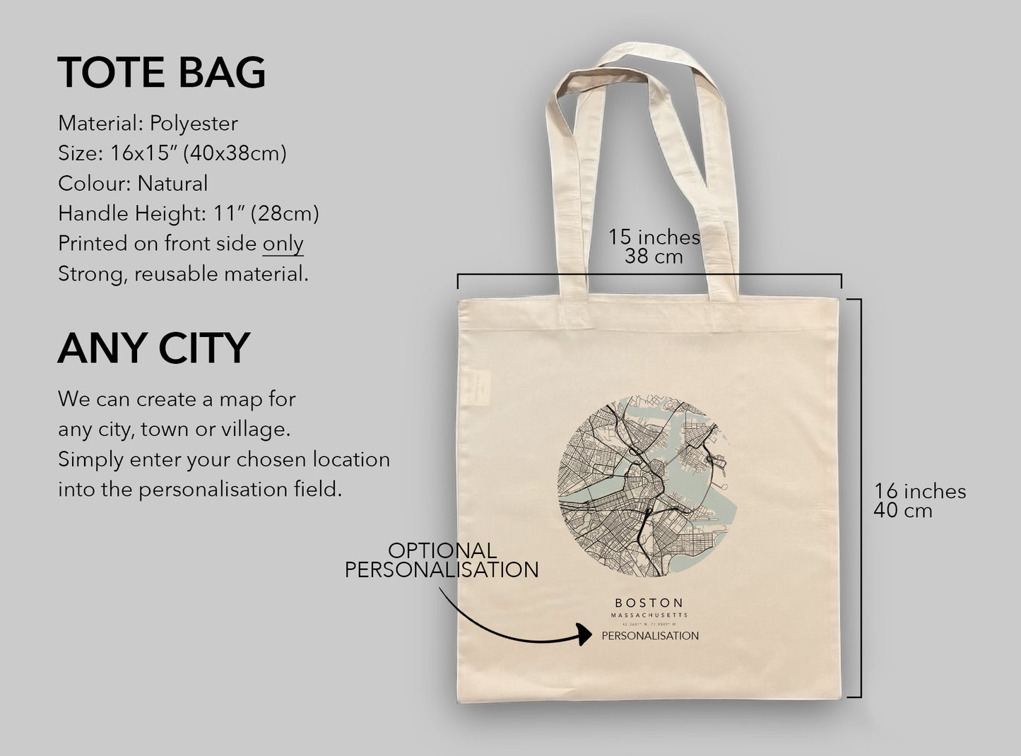 Boston Personalised City Map Tote Bag