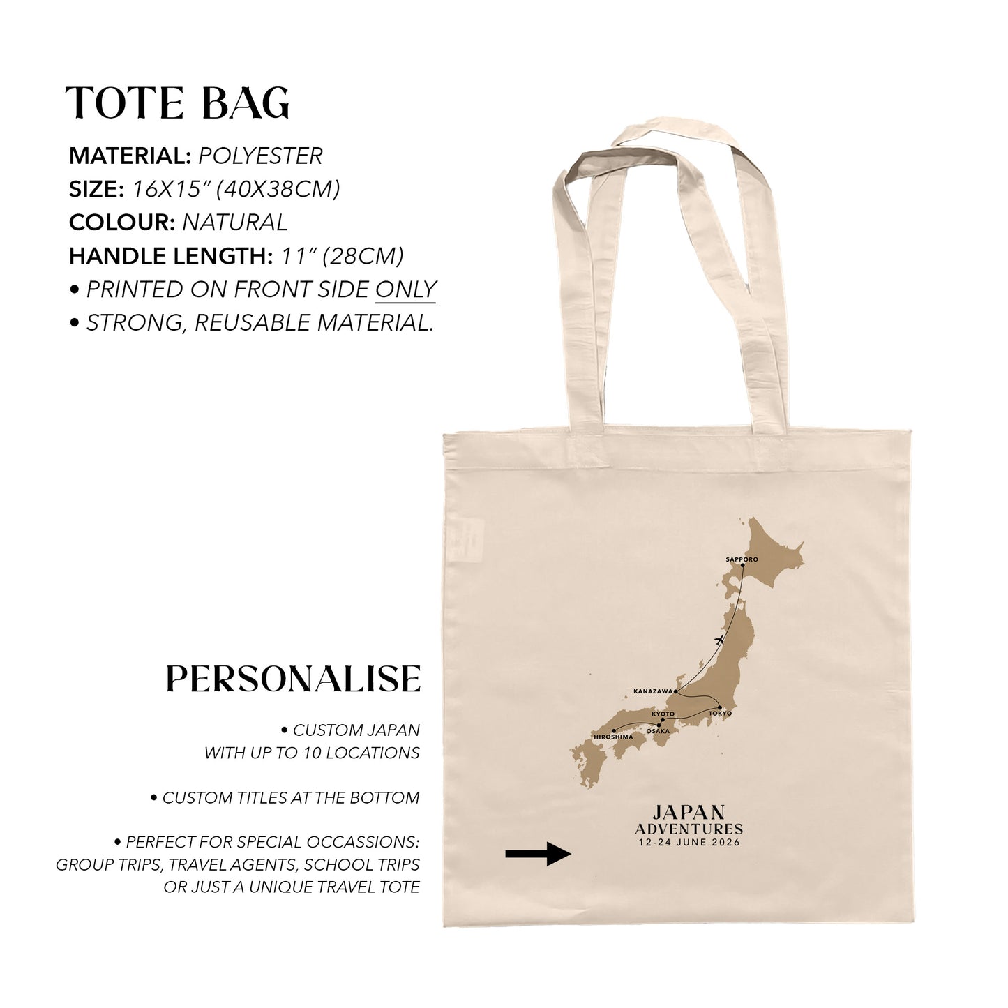 Japan Personalized Map Tote Bag | Travel Agents, Group Tours, School Trips