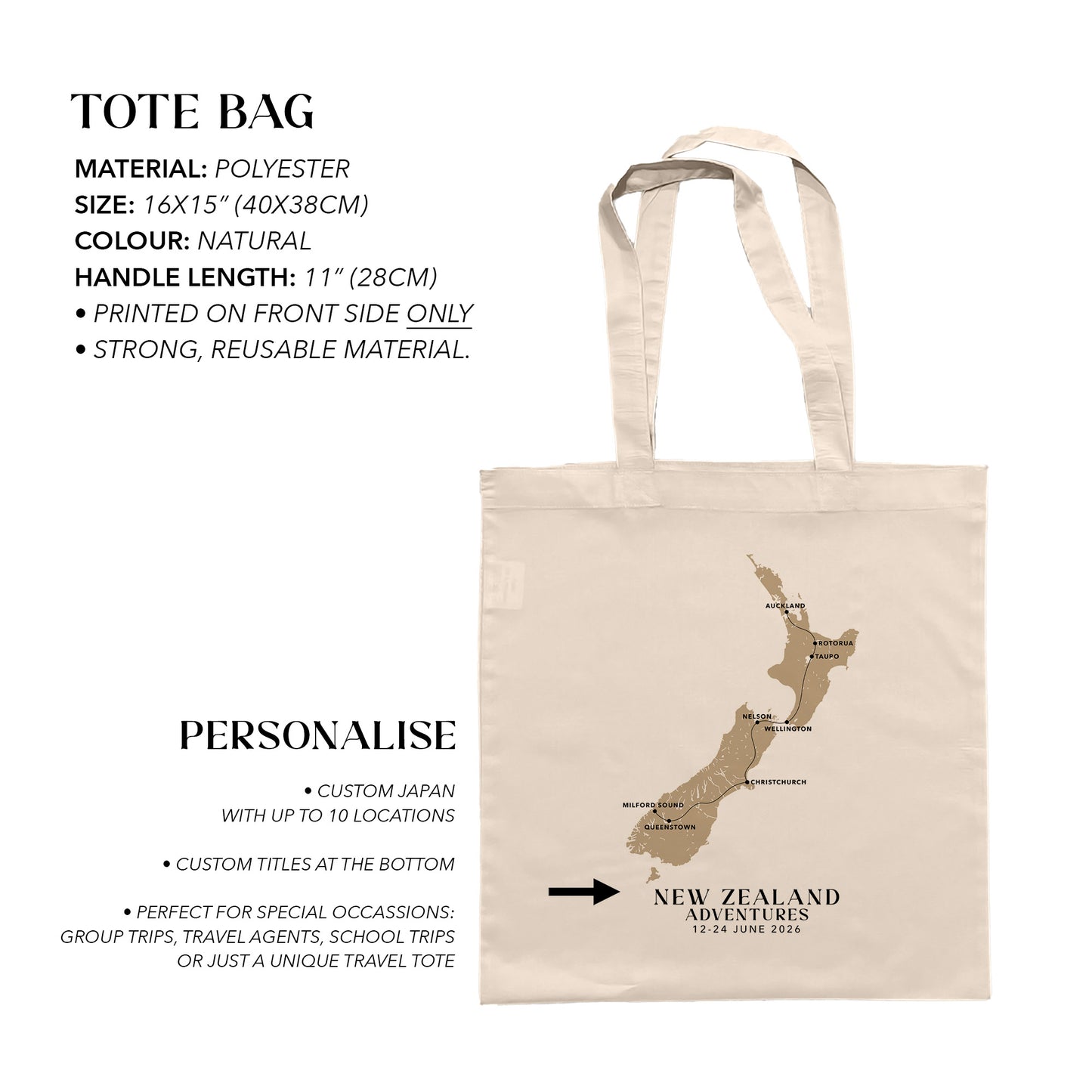 New Zealand Personalized Map Tote Bag | Travel Agents, Group Tours, School Trips