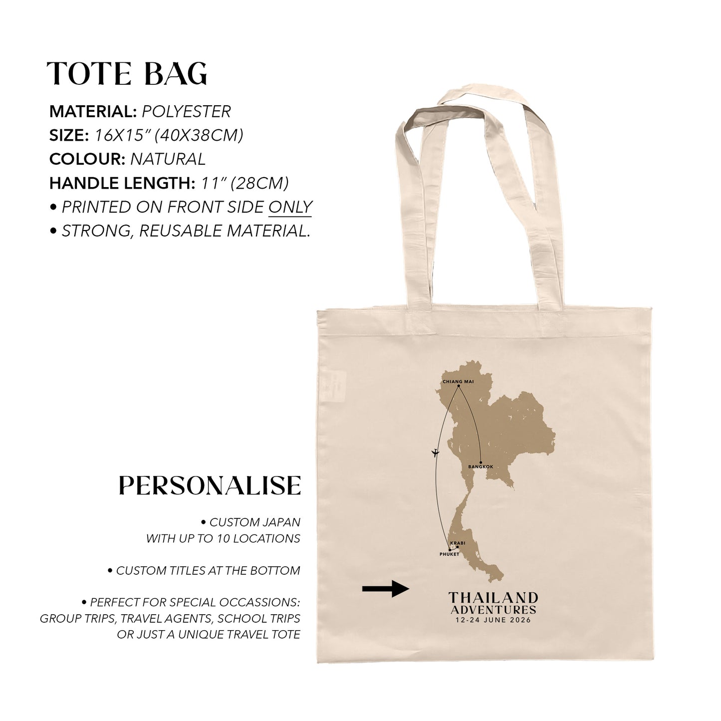 Thailand Personalized Map Tote Bag | Travel Agents, Group Tours, School Trips