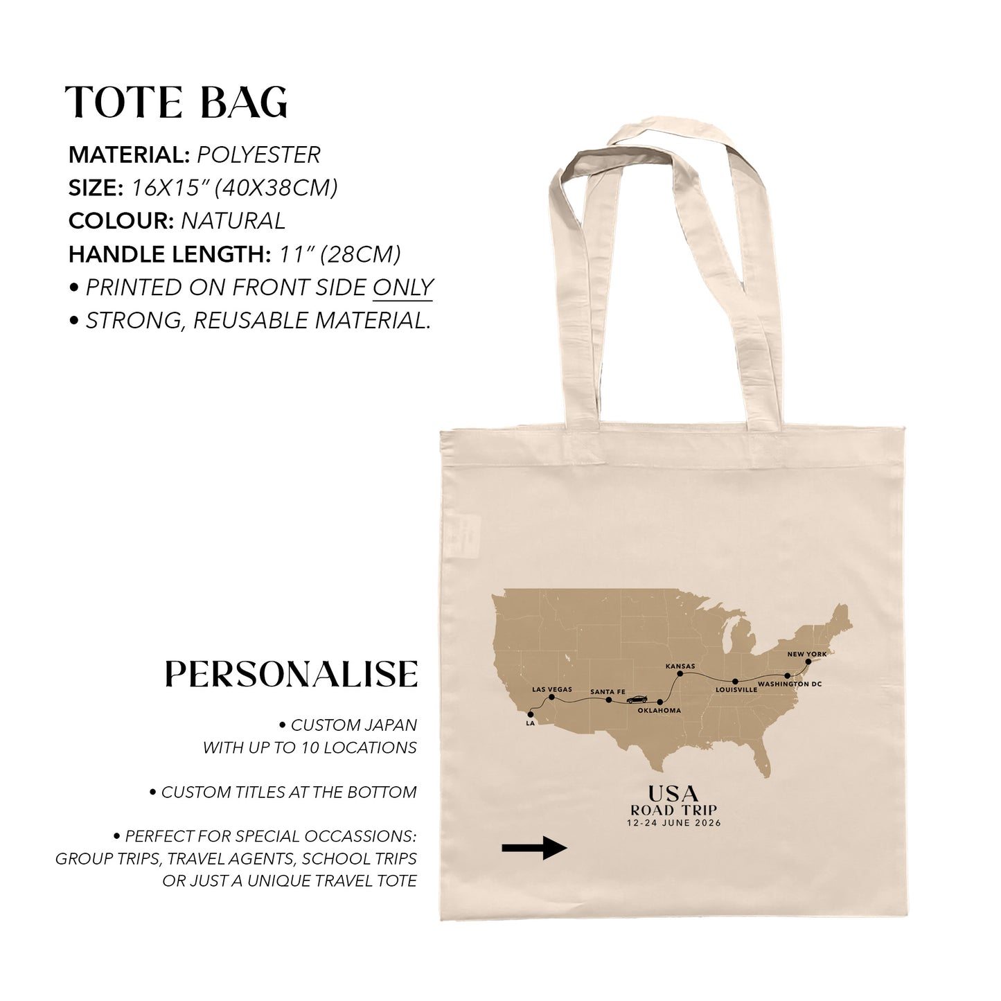 USA Personalized Map Tote Bag | Travel Agents, Group Tours, School Trips