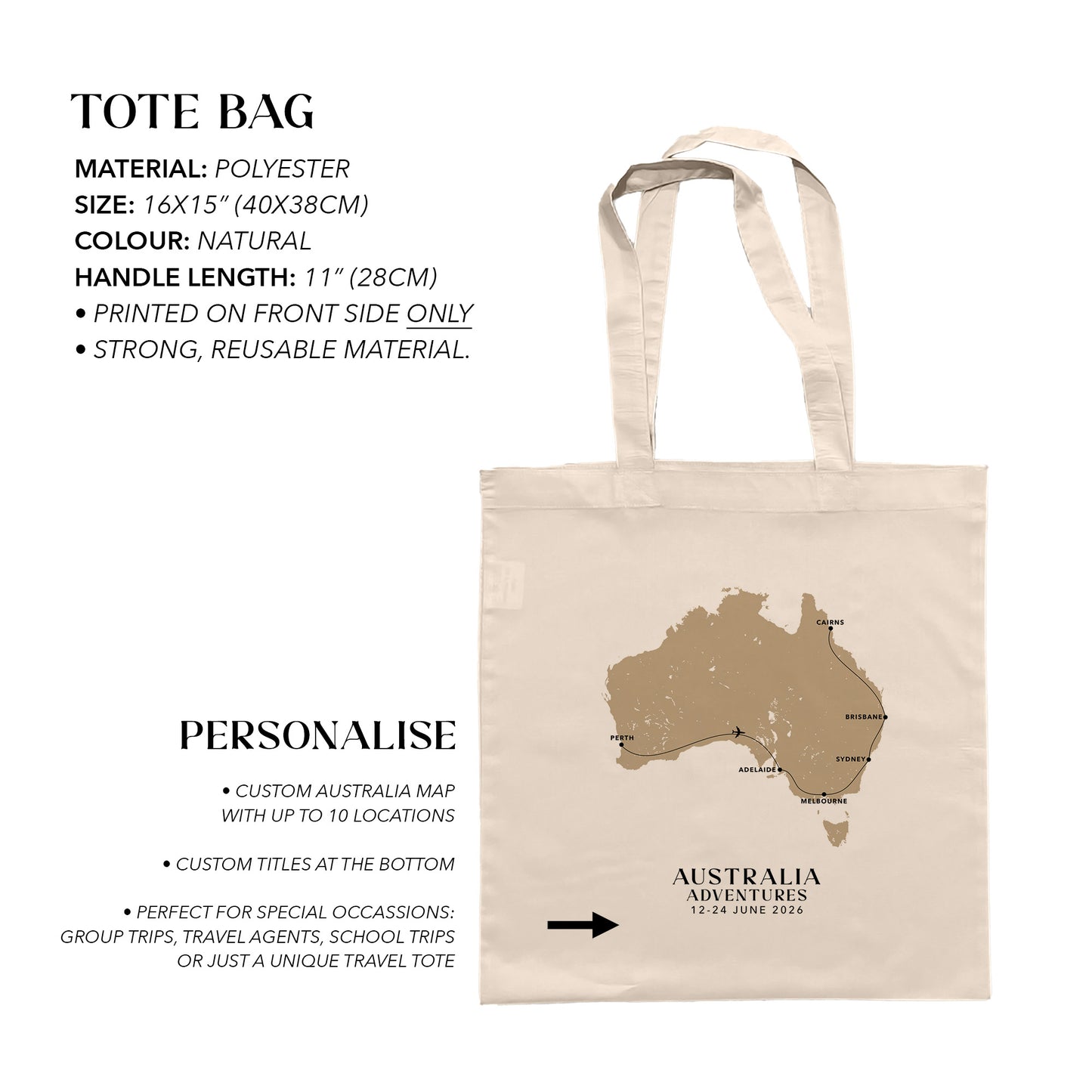 Australia Personalized Map Tote Bag | Travel Agents, Group Tours, School Trips