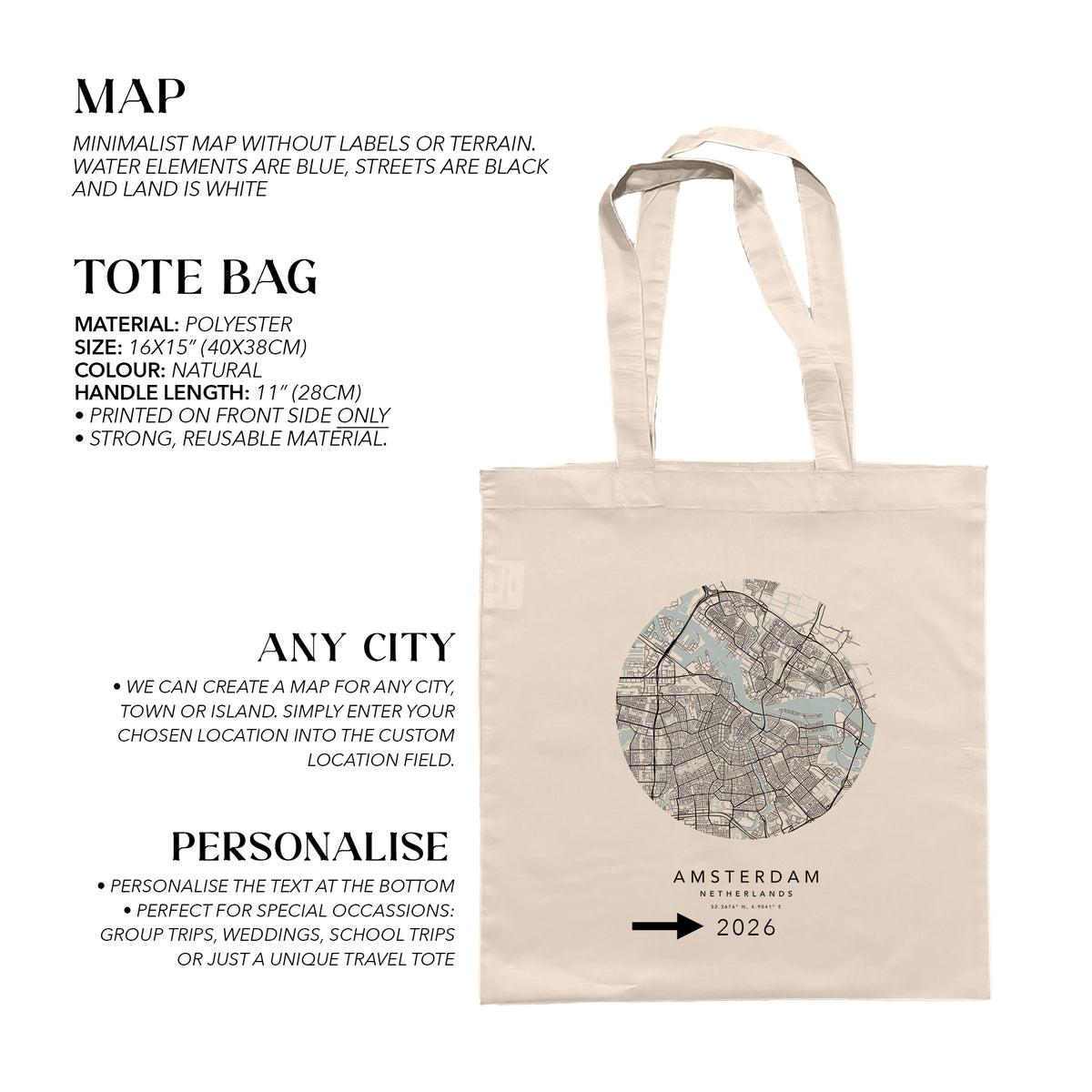 Amsterdam Personalised Custom Map Tote Bag | Netherlands Travel Gift