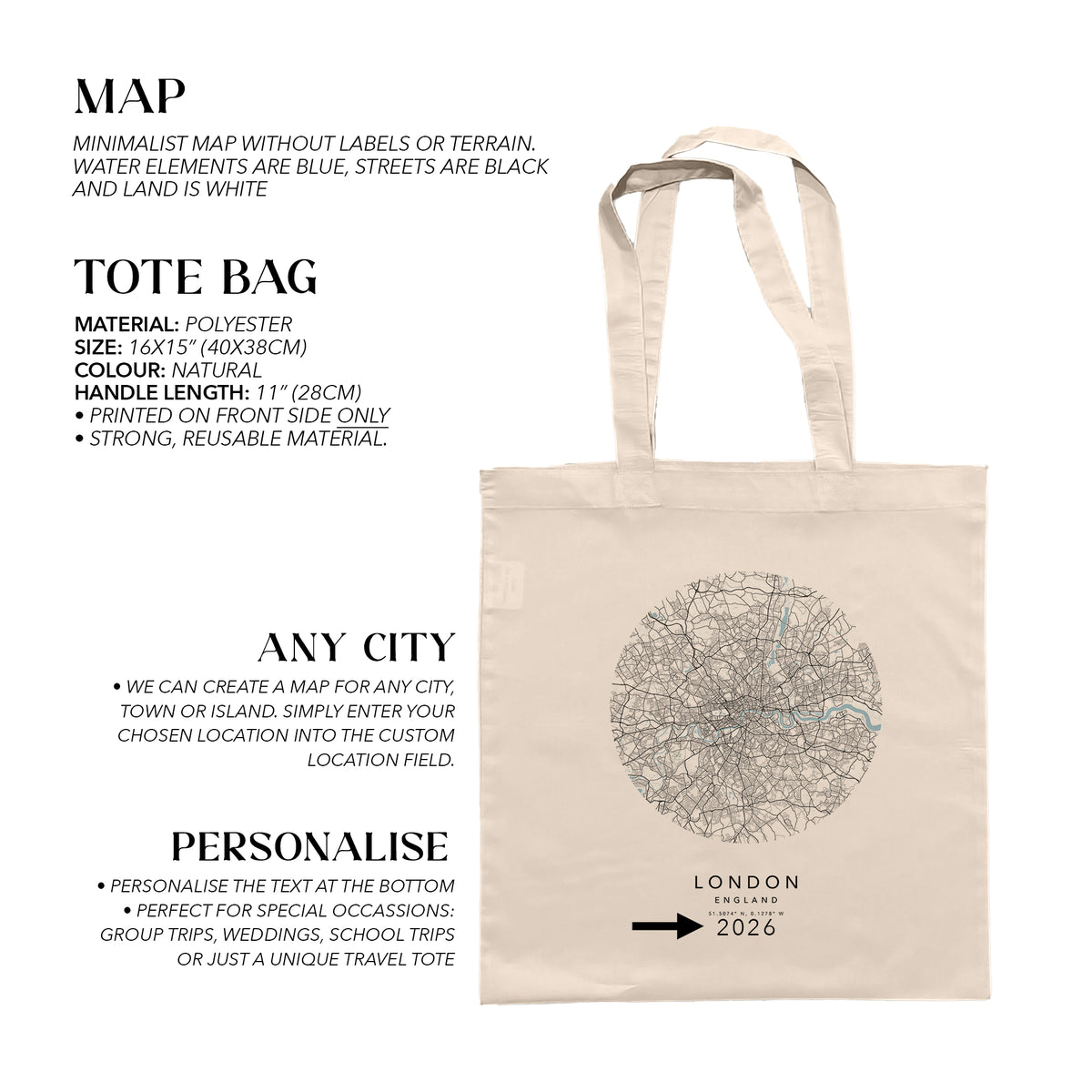 London Personalised Custom Map Tote Bag | England Travel Gift