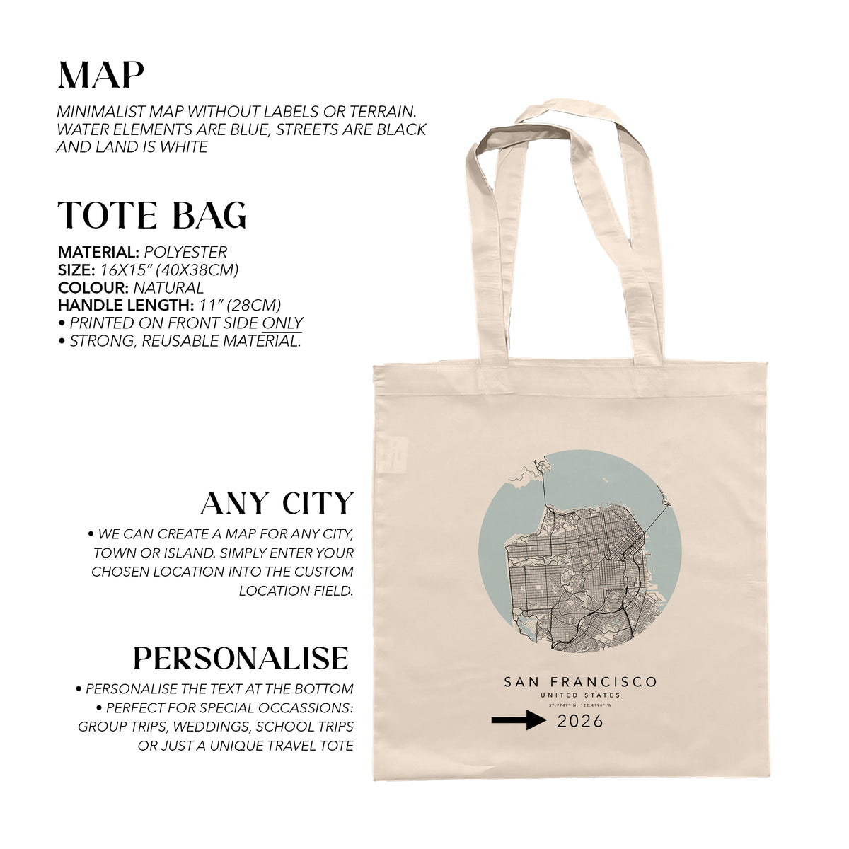 San Francisco Personalised Custom Map Tote Bag | USA Travel Gift