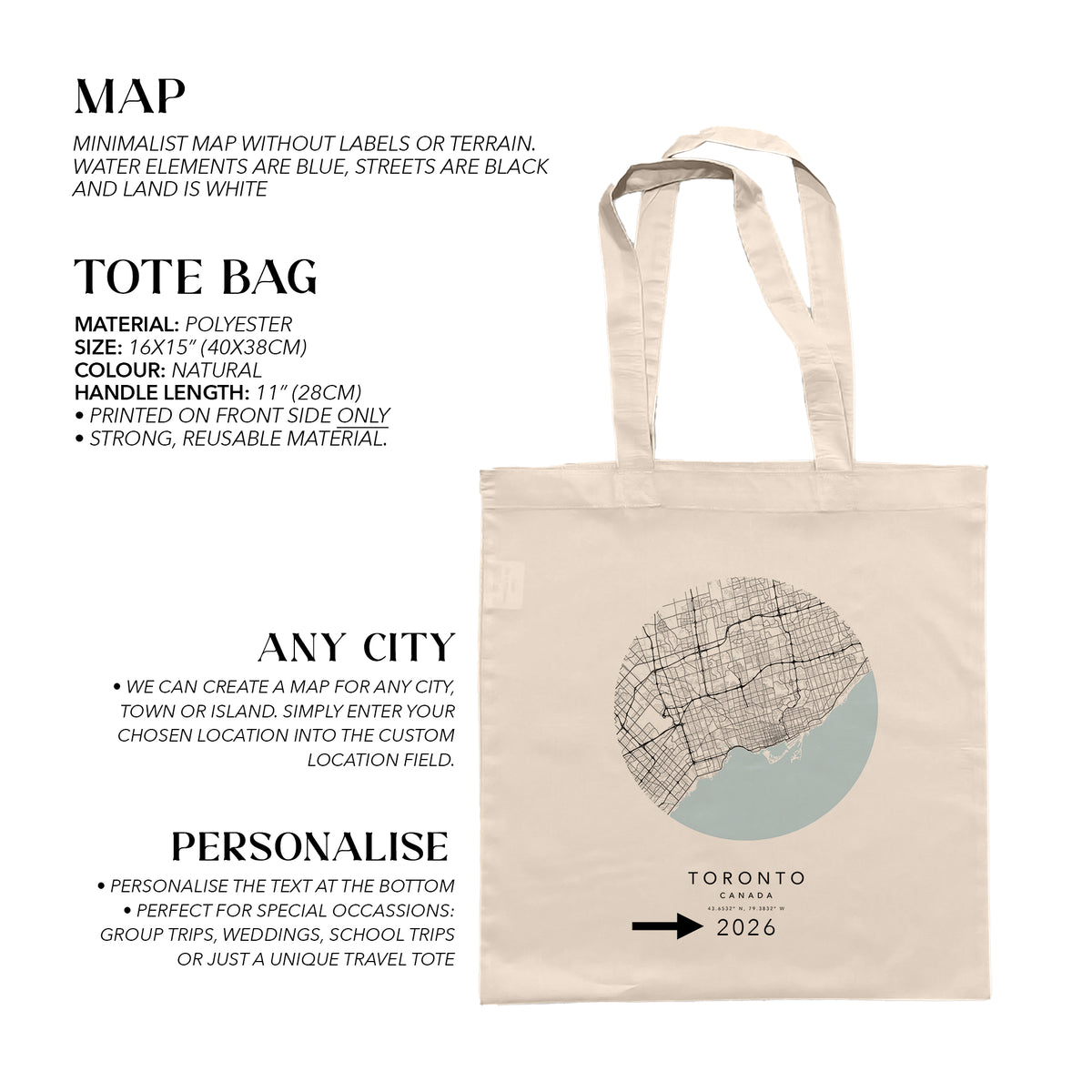 Toronto Personalised Custom Map Tote Bag | Canada Travel Gift