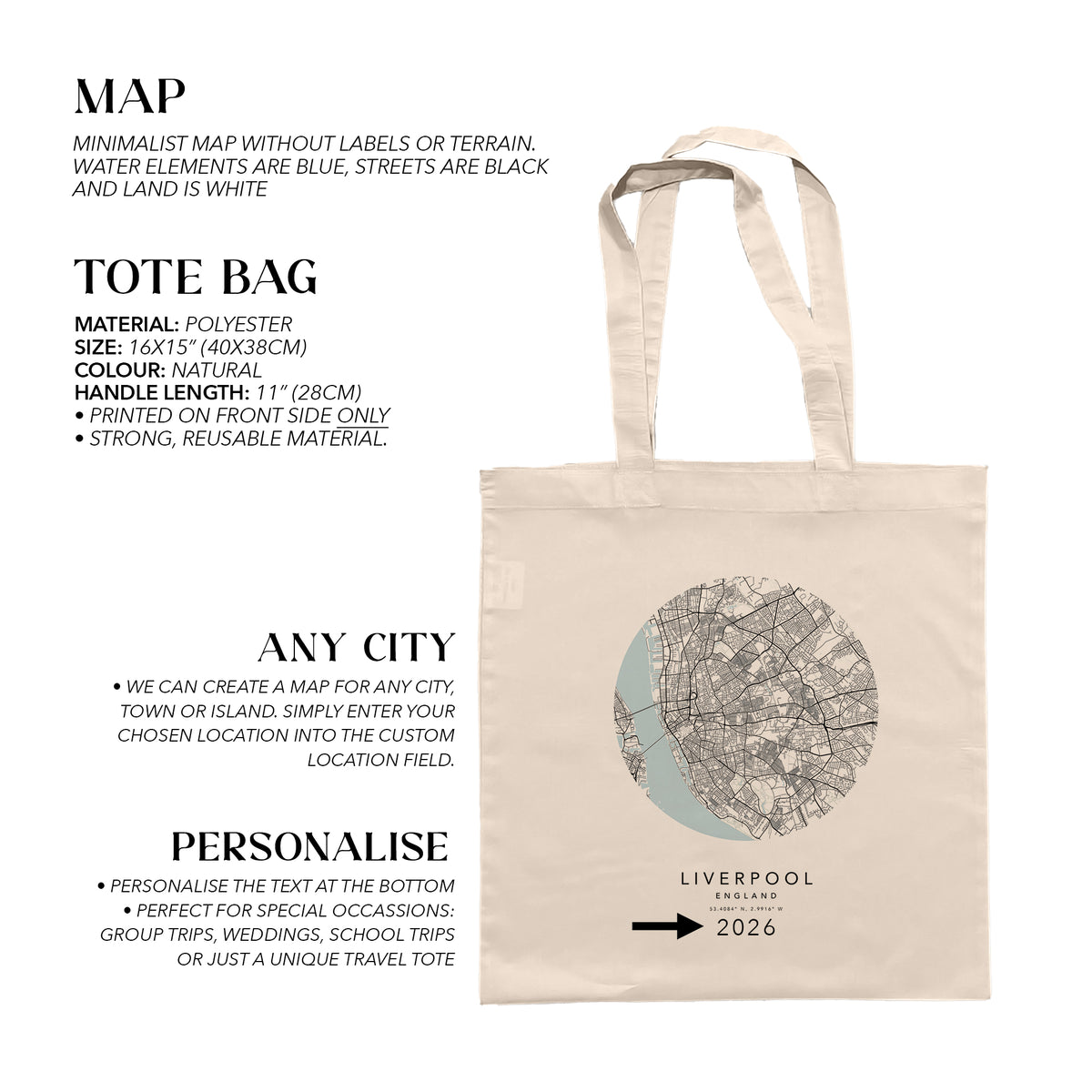 Liverpool Personalised Custom Map Tote Bag | England Travel Gift