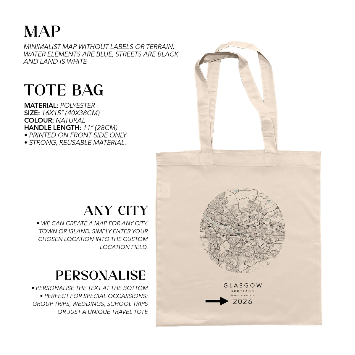 Glasgow Personalised Custom Map Tote Bag | Scotland Travel Gift