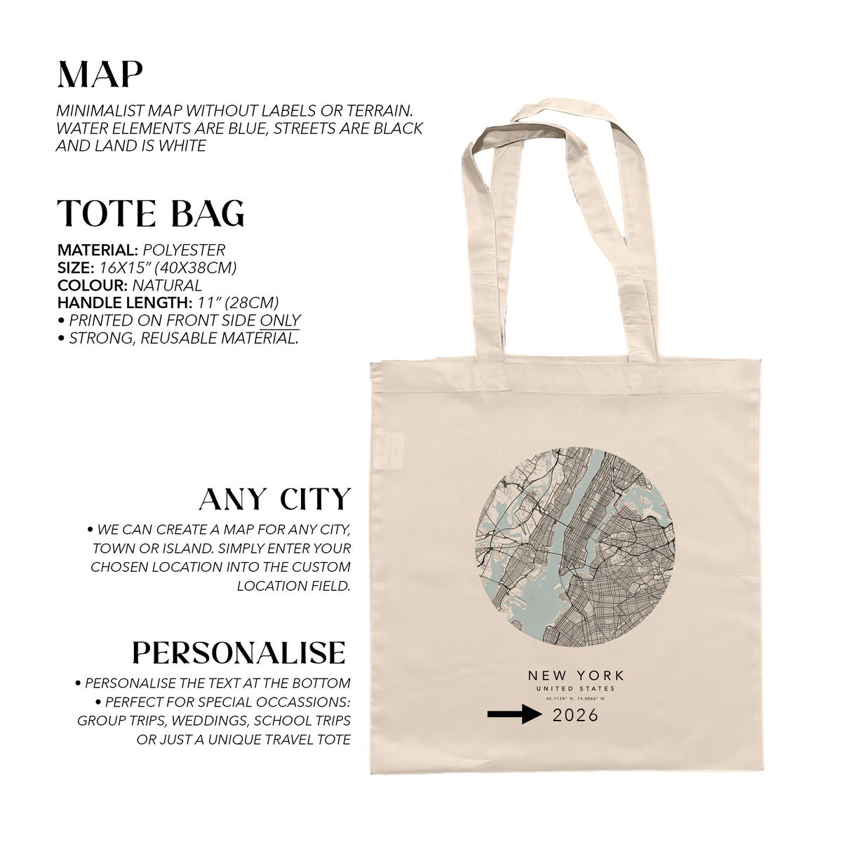 New York Personalised Custom Map Tote Bag | USA Travel Gift