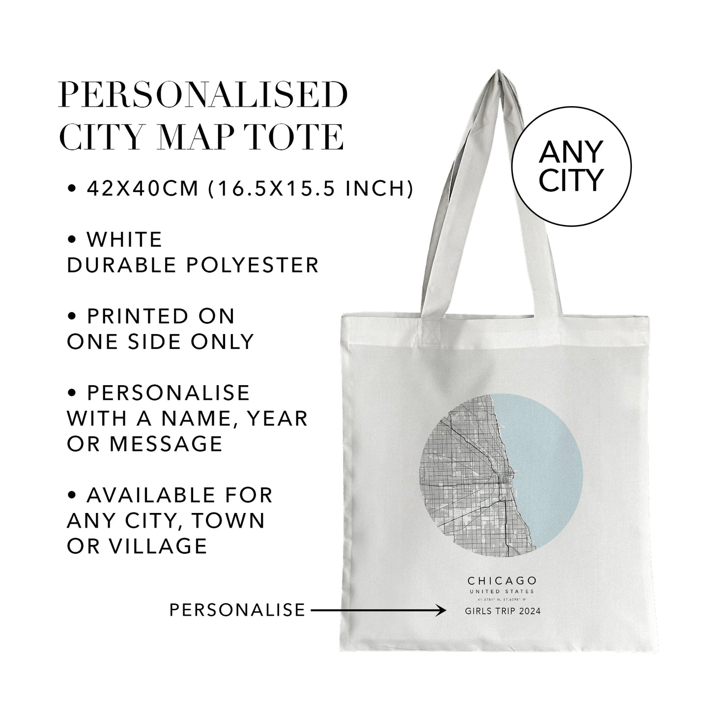 Chicago Personalised City Map Tote Bag