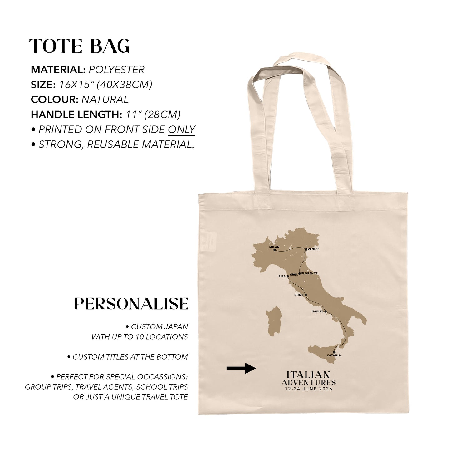 Italy Personalized Map Tote Bag | Travel Agents, Group Tours, School Trips