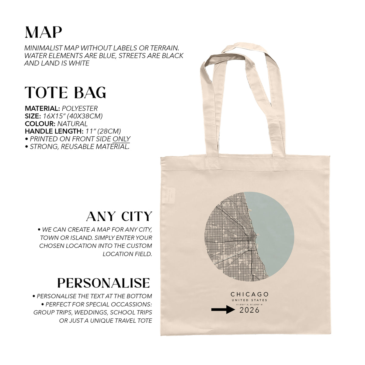 Chicago Personalised Custom Map Tote Bag | USA Travel Gift