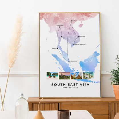 South East Asia Personalised Travel Map Print with Photo Collage