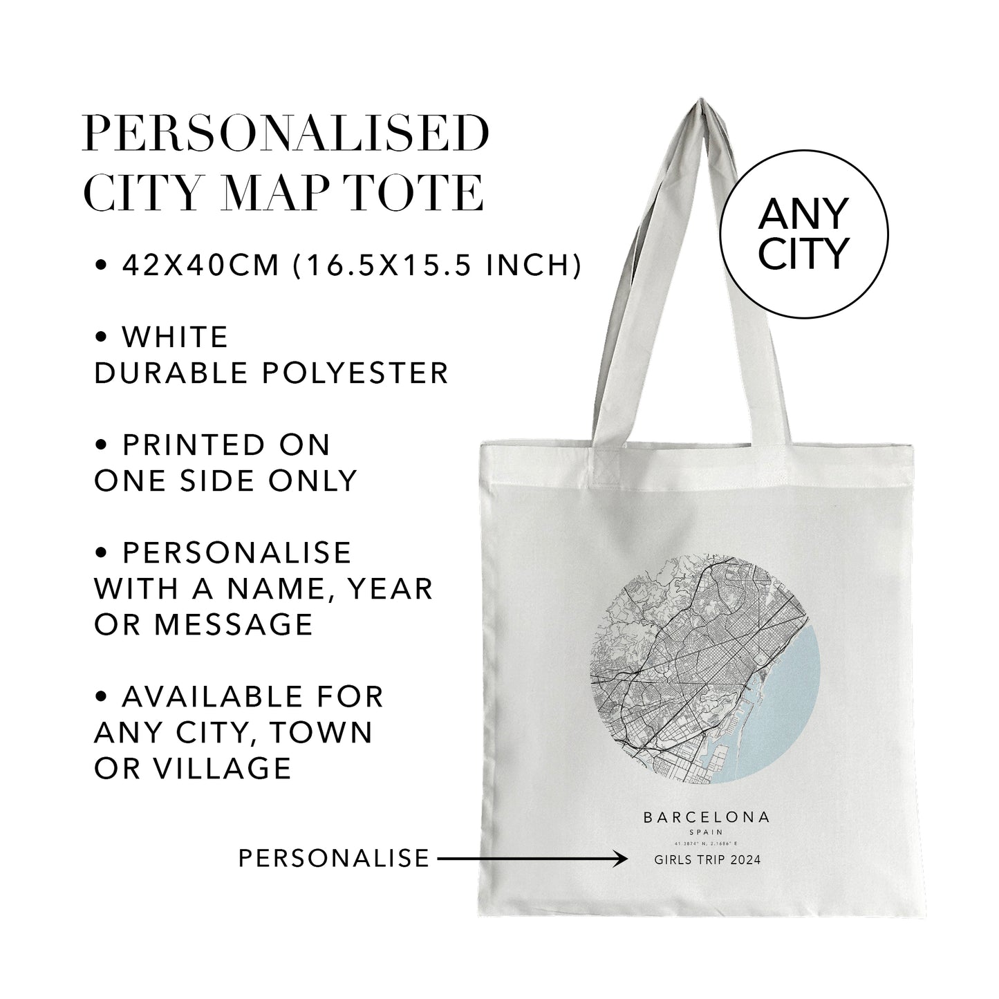 Barcelona Personalised City Map Tote Bag