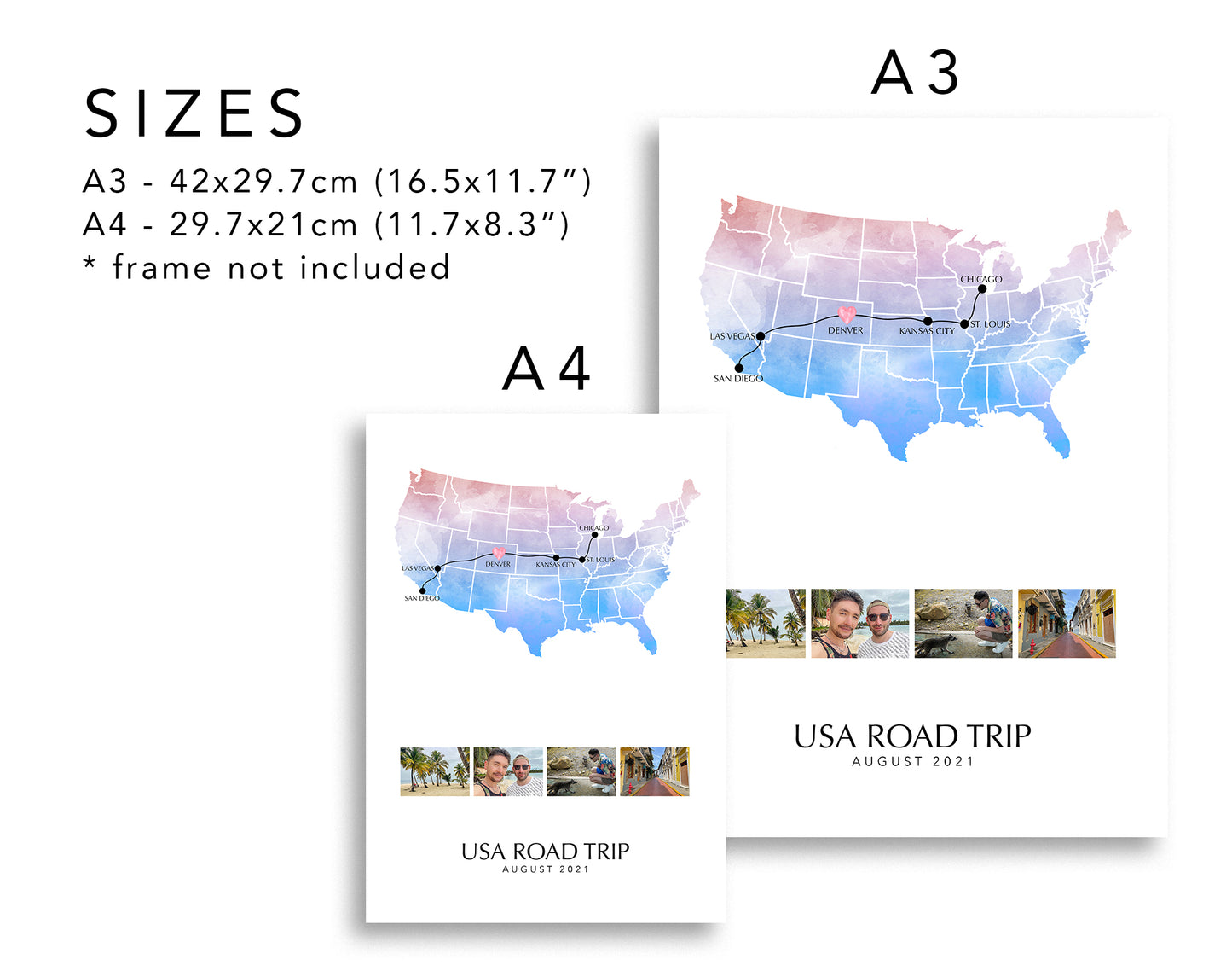 USA Personalised Travel Map Print with Photo Collage