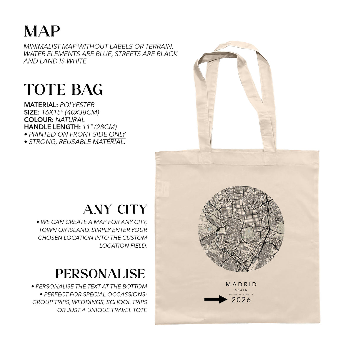 Madrid Personalised Custom Map Tote Bag | Spain Travel Gift