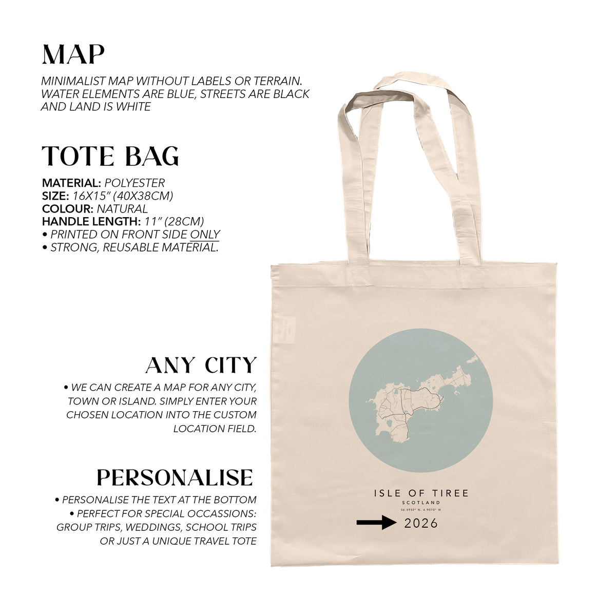 Isle of Tiree Personalised Custom Map Tote Bag | Scotland Travel Gift