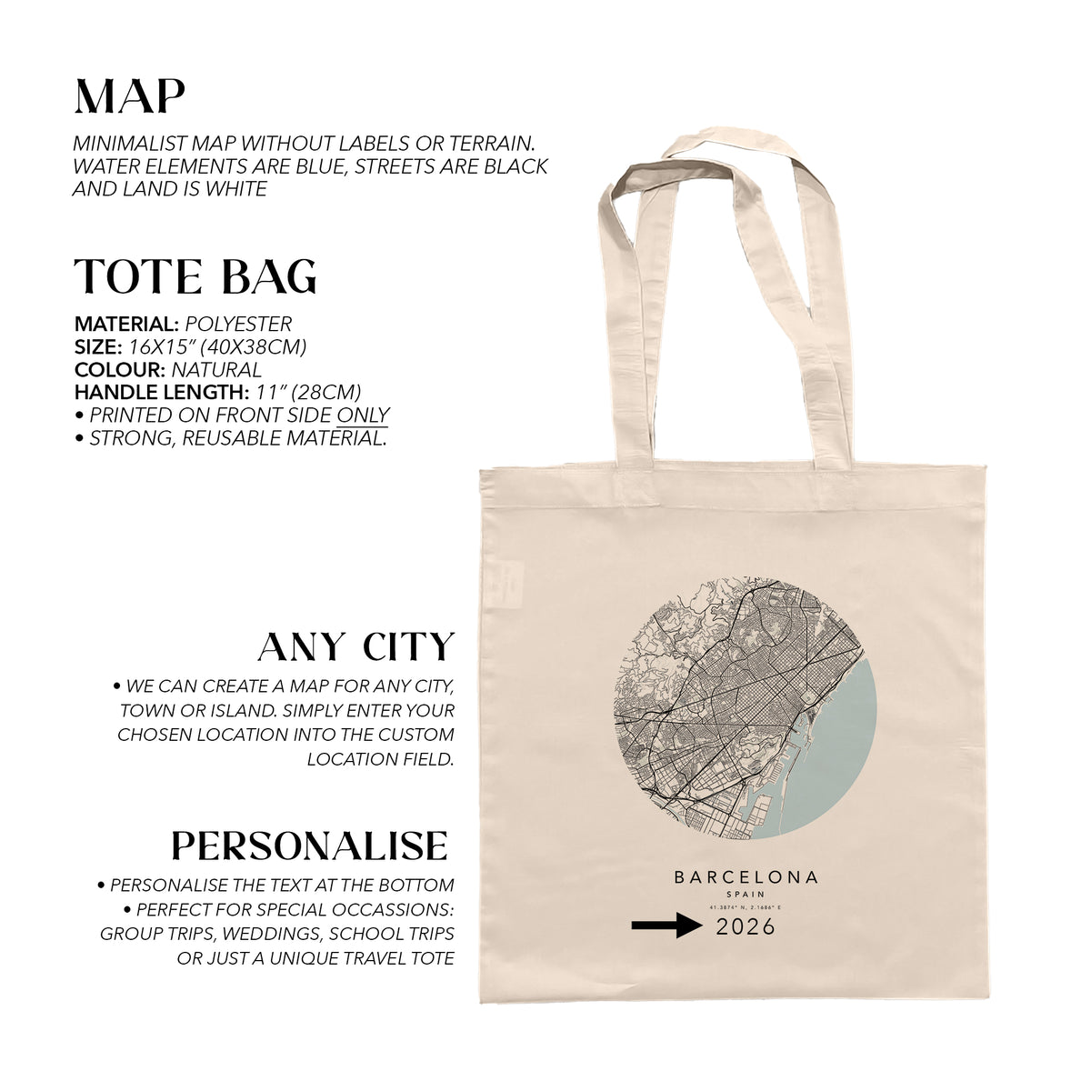 Barcelona Personalised Custom Map Tote Bag | Spain Travel Gift