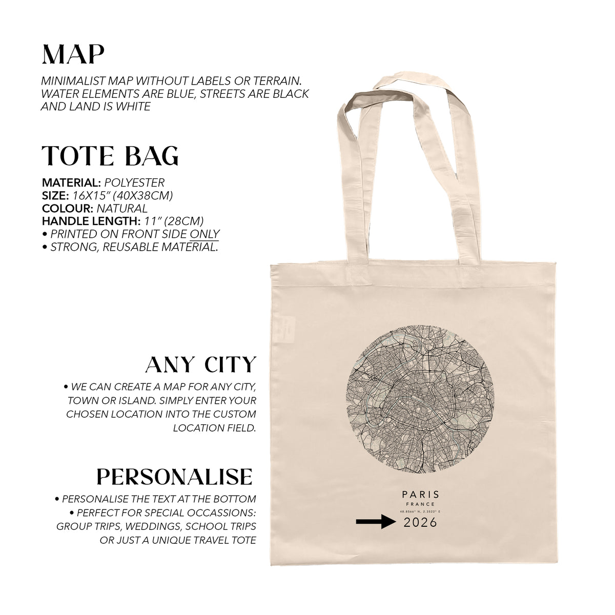 Paris Personalised Custom Map Tote Bag | France Travel Gift