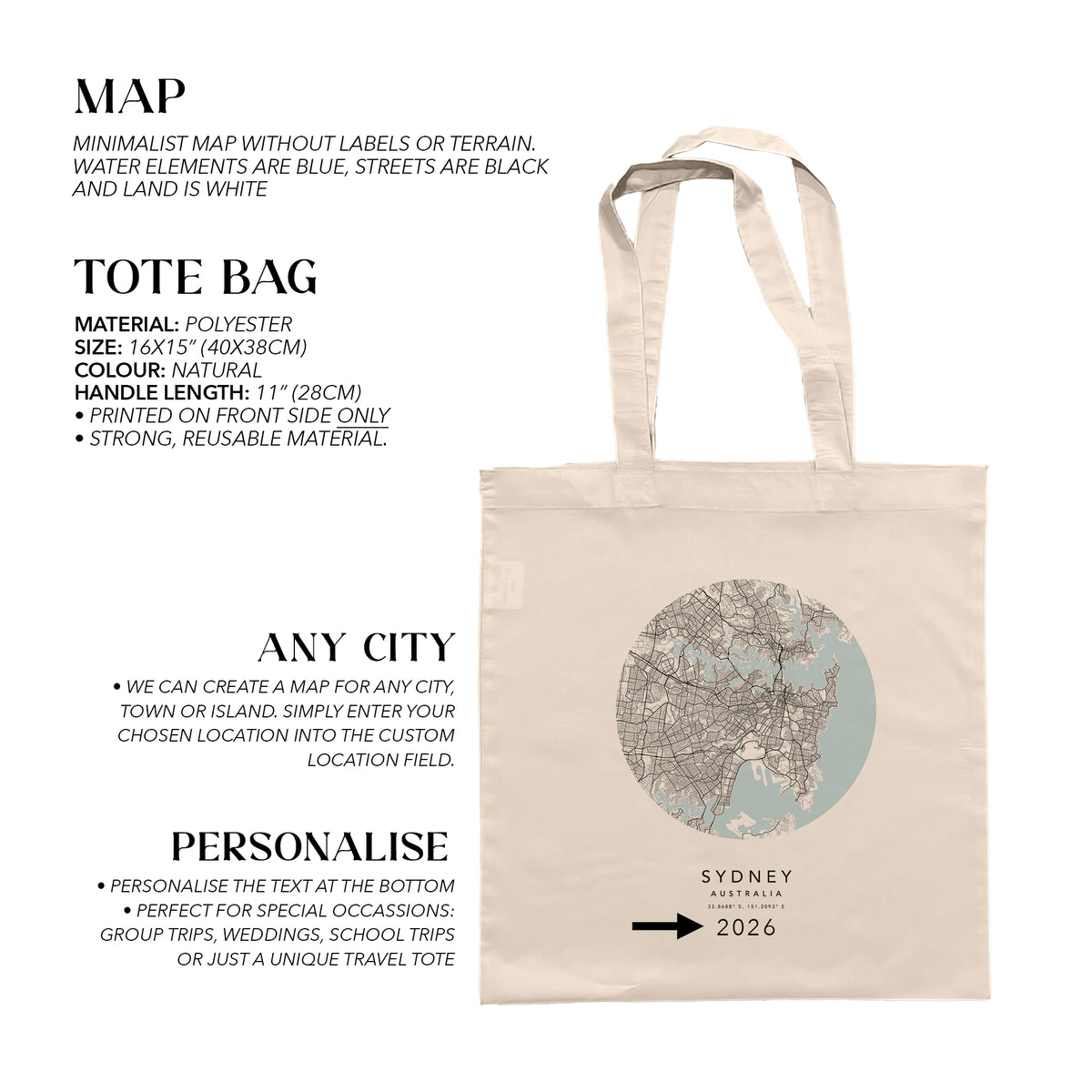 Sydney Personalised Custom Map Tote Bag | Australia Travel Gift