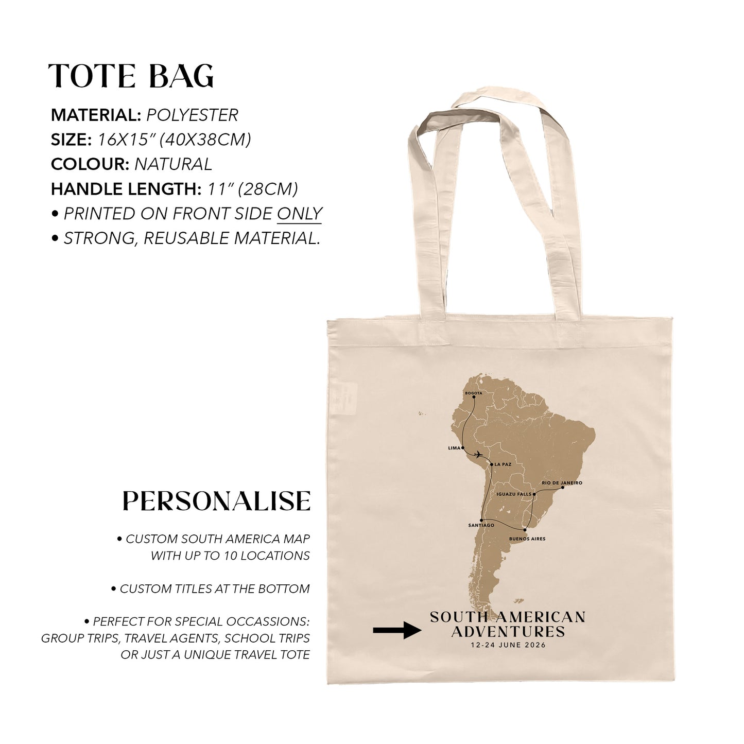 South America Personalized Map Tote Bag | Travel Agents, Group Tours, School Trips