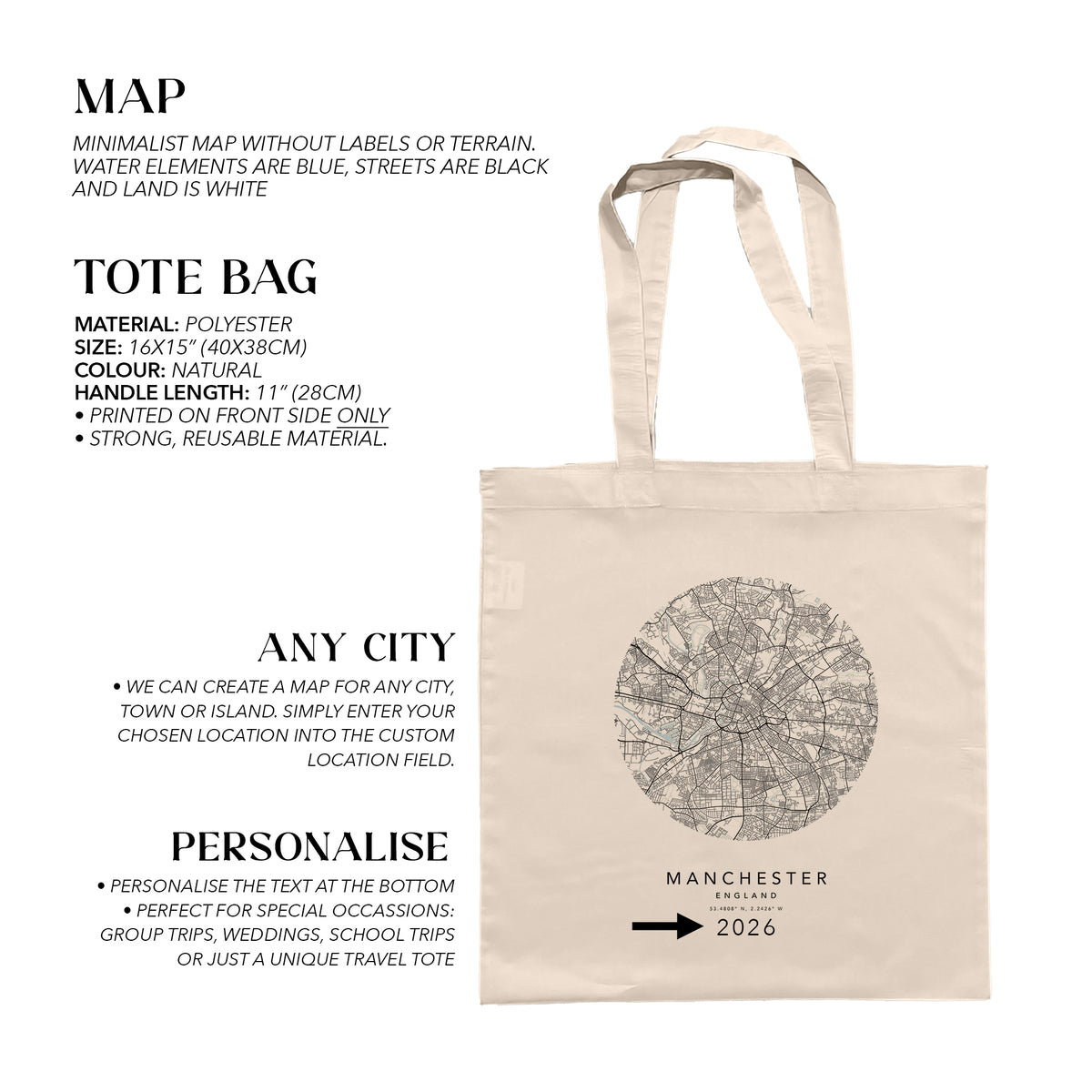 Manchester Personalised Custom Map Tote Bag | England Travel Gift