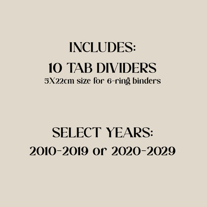 Yearly Tab Dividers - Travel Journal Binder Insert