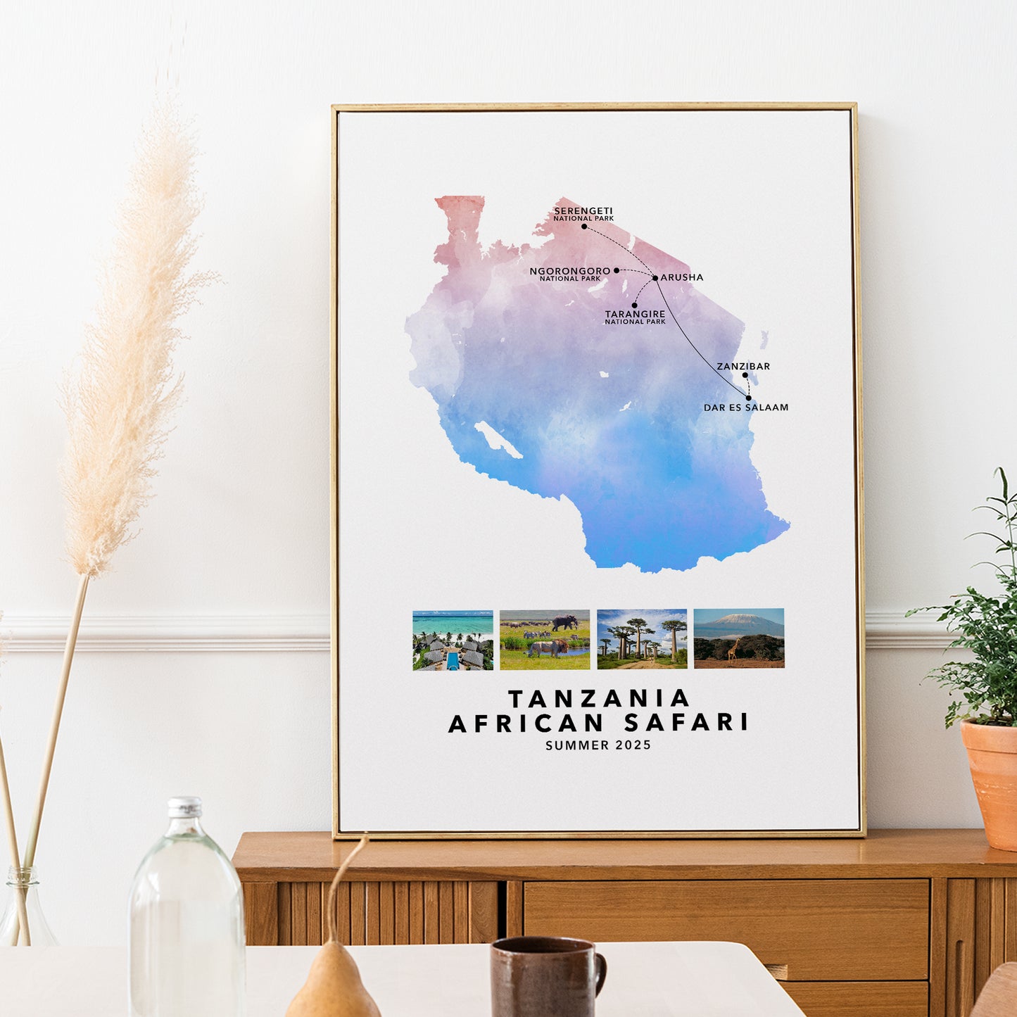 Tanzania African Safari Personalised Travel Map Print with Photo Collage