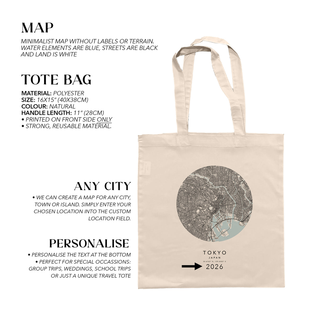 Tokyo Personalised Custom Map Tote Bag | Japan Travel Gift