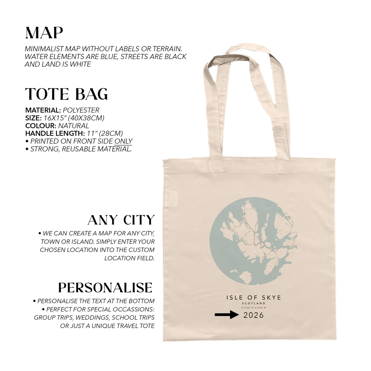 Isle of Skye Personalised Custom Map Tote Bag | Scotland Travel Gift