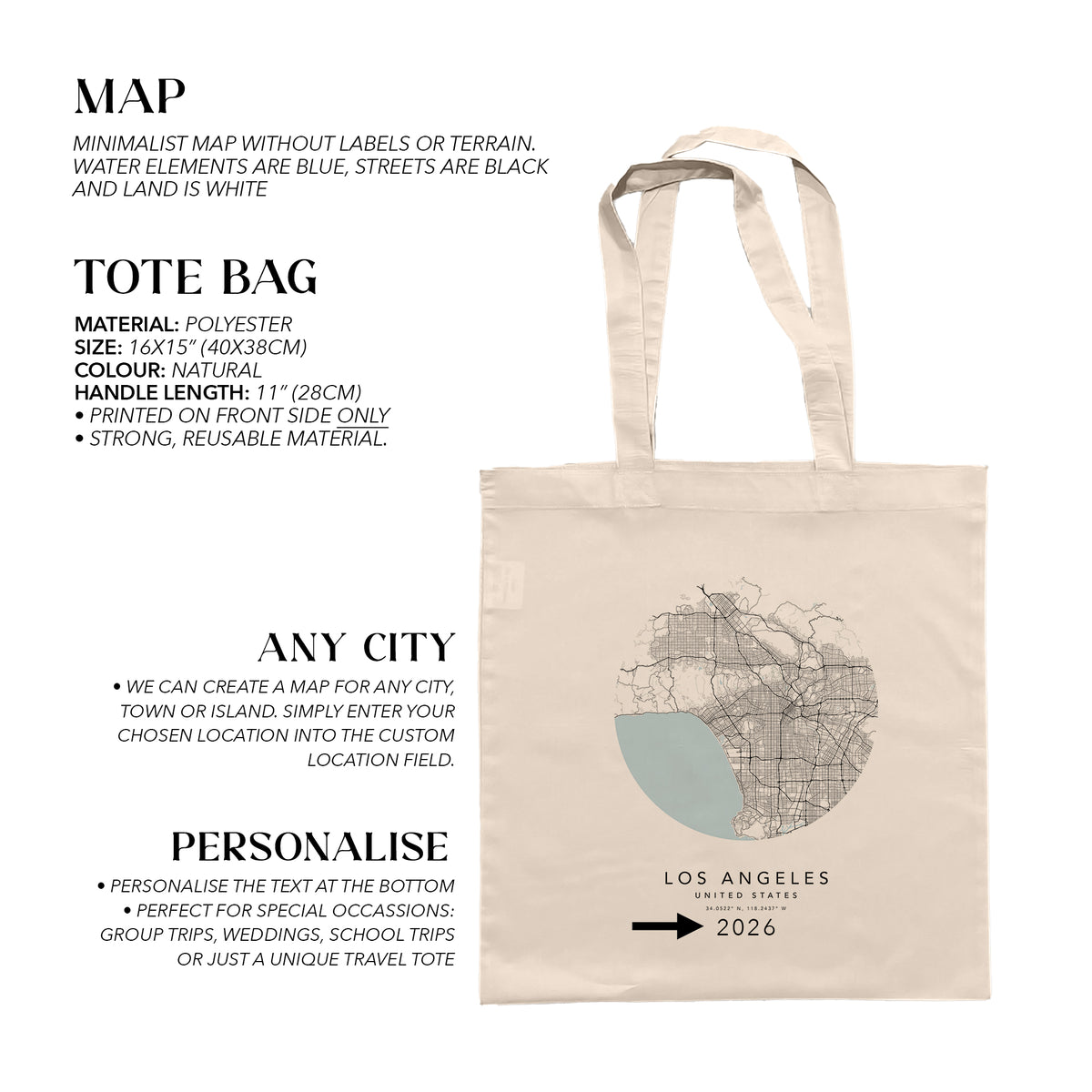 Los Angeles Personalised Custom Map Tote Bag | USA Travel Gift
