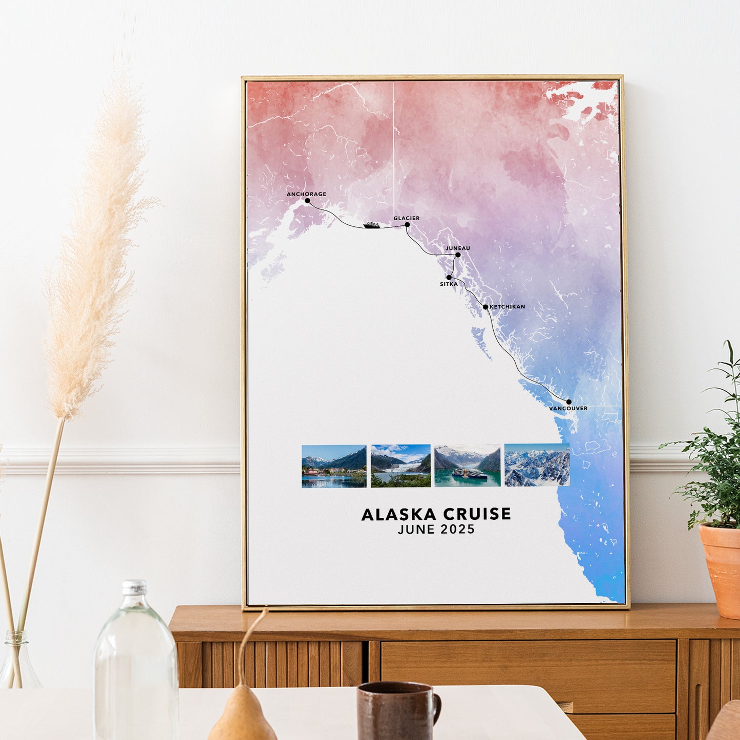 Alaska Cruise Personalised Travel Map Print with Photo Collage