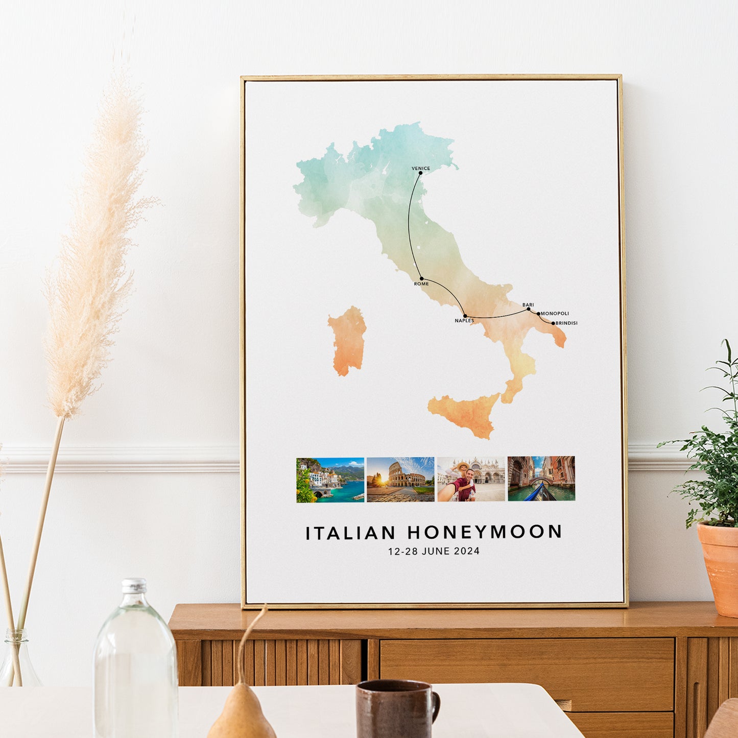 Italy Personalised Travel Map Print with Photo Collage