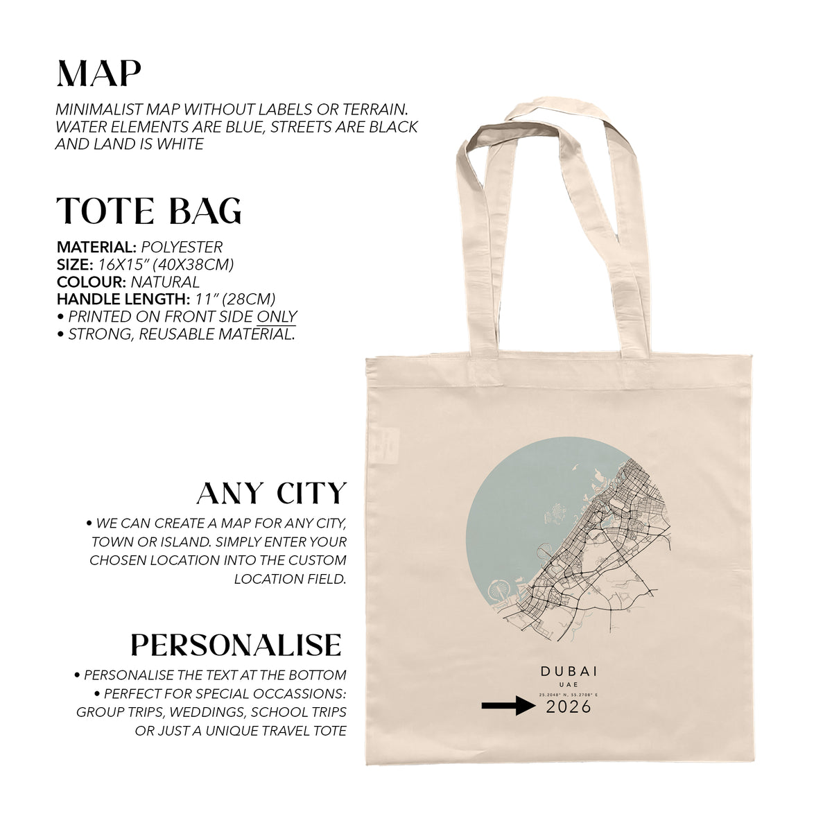 Dubai Personalised Custom Map Tote Bag | UAE Travel Gift