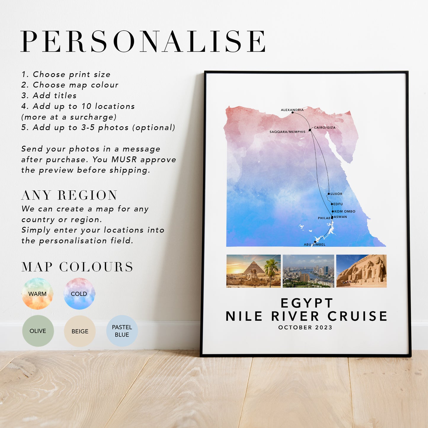 Egypt Personalised Travel Map Print with Photo Collage