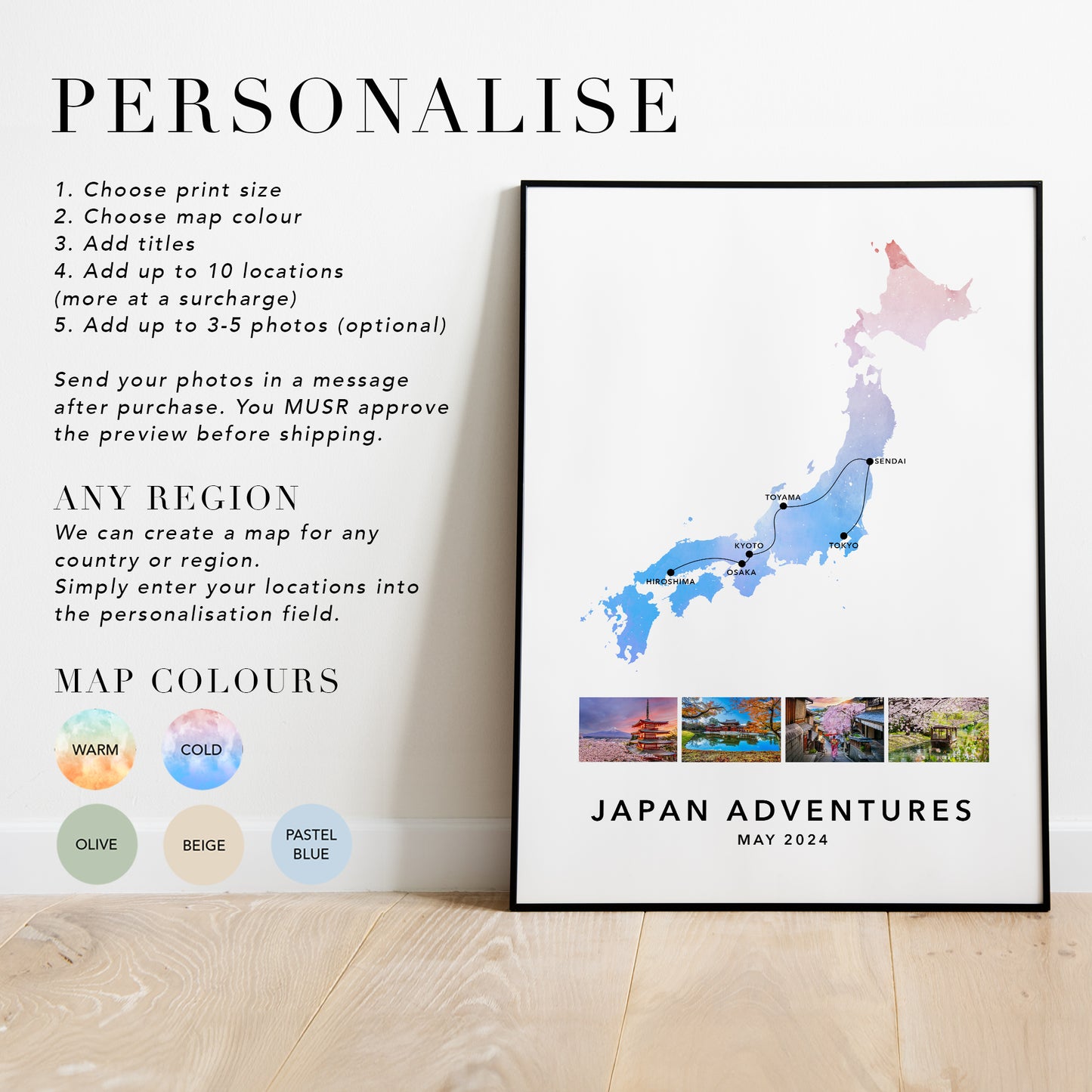 Japan Personalised Travel Map Print with Photo Collage