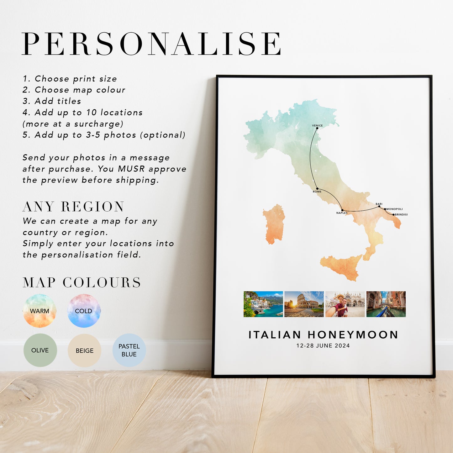 Italy Personalised Travel Map Print with Photo Collage