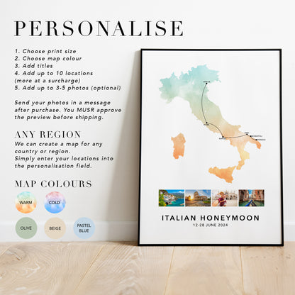 Italy Personalised Travel Map Print with Photo Collage