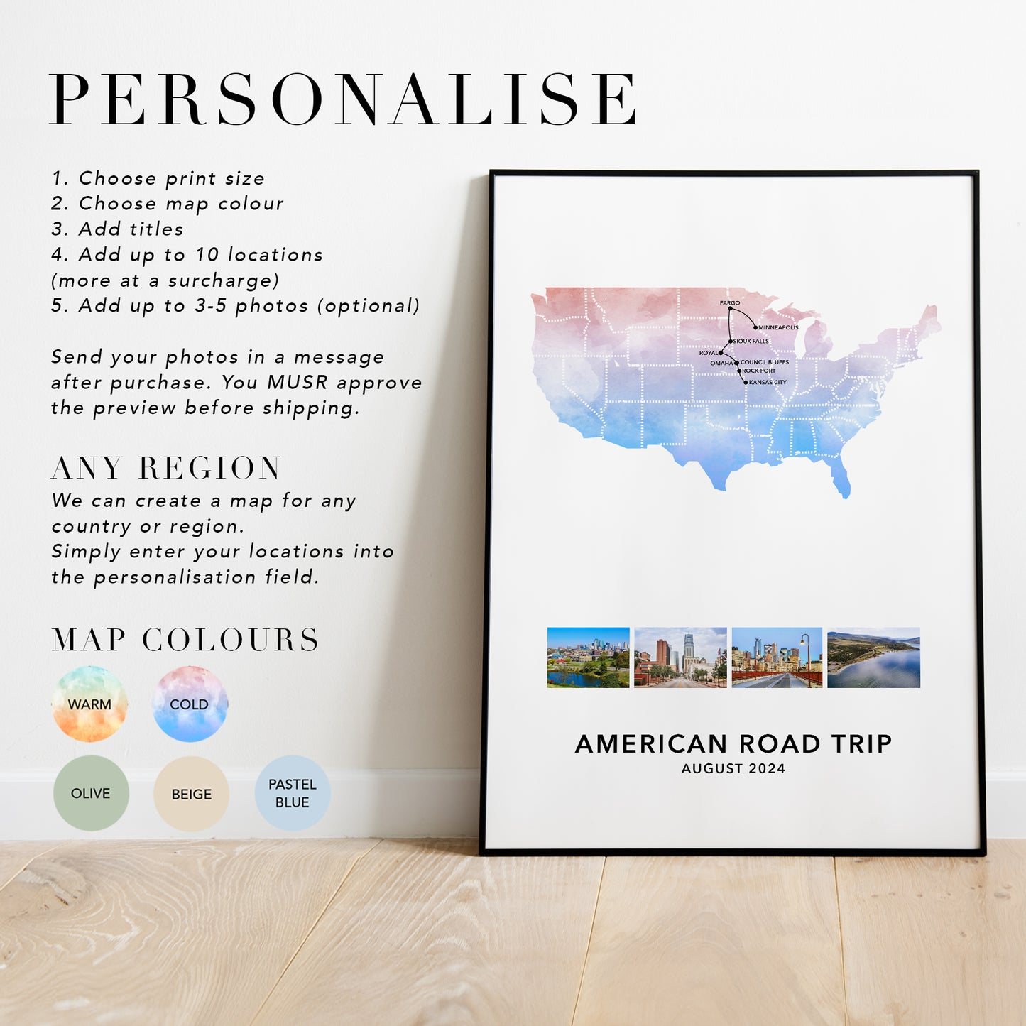 USA Personalised Travel Map Print with Photo Collage