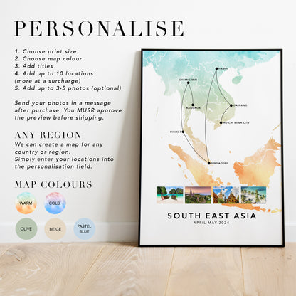 South East Asia Personalised Travel Map Print with Photo Collage